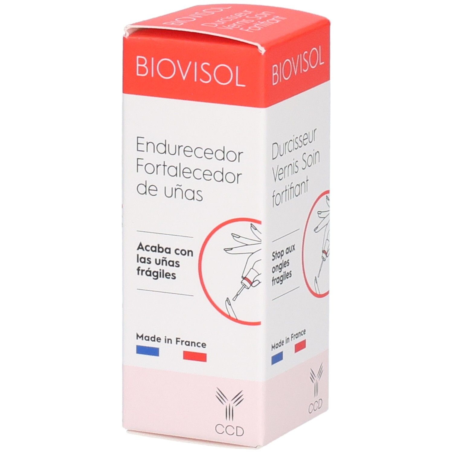 Boîte BIOVISOL. Inscription: Endurecedor Fortalecedor de uñas. Acaba con las uñas frágiles. Fabriqué en France. Logo CCD.