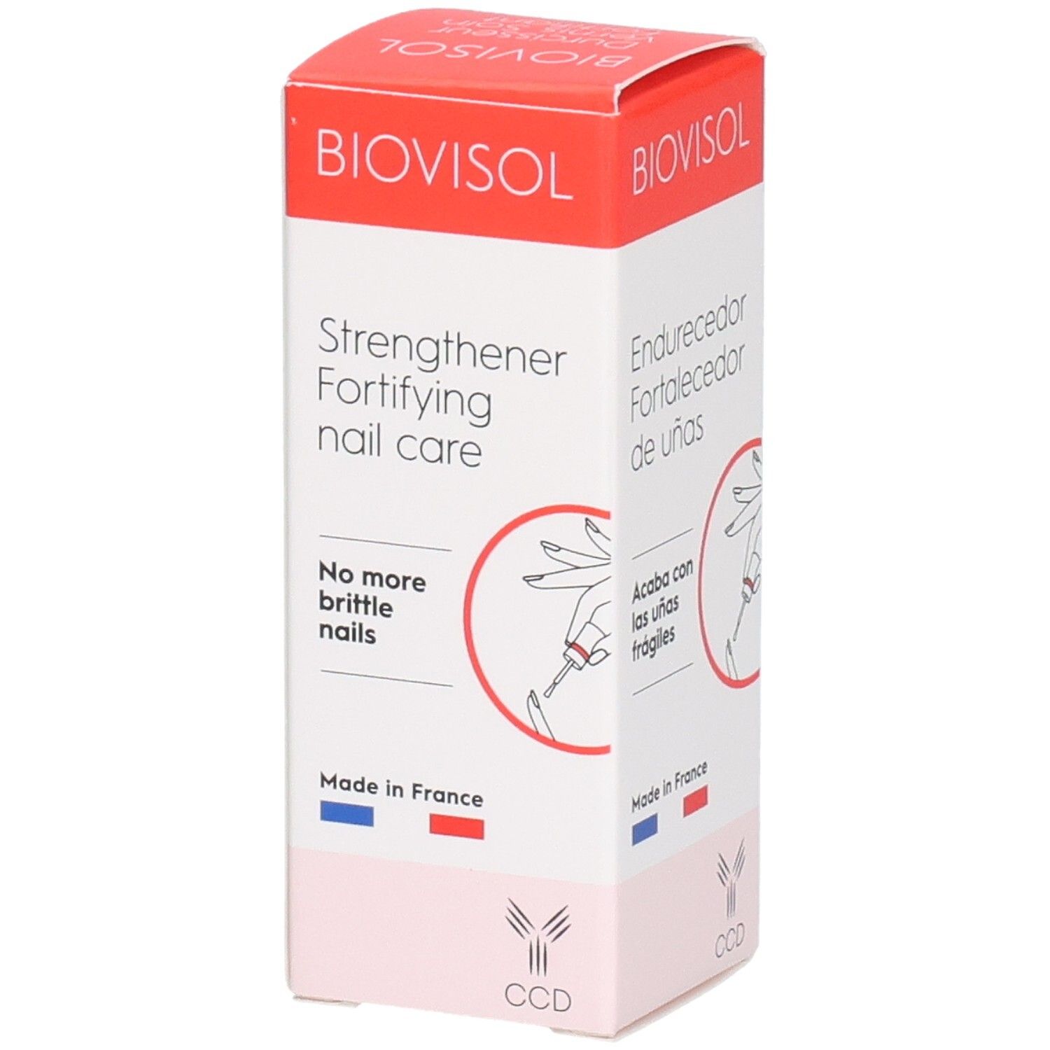 Boîte BIOVISOL. Inscription: Strengthener Fortifying nail care. No more brittle nails. Fabriqué en France. Logo CCD.