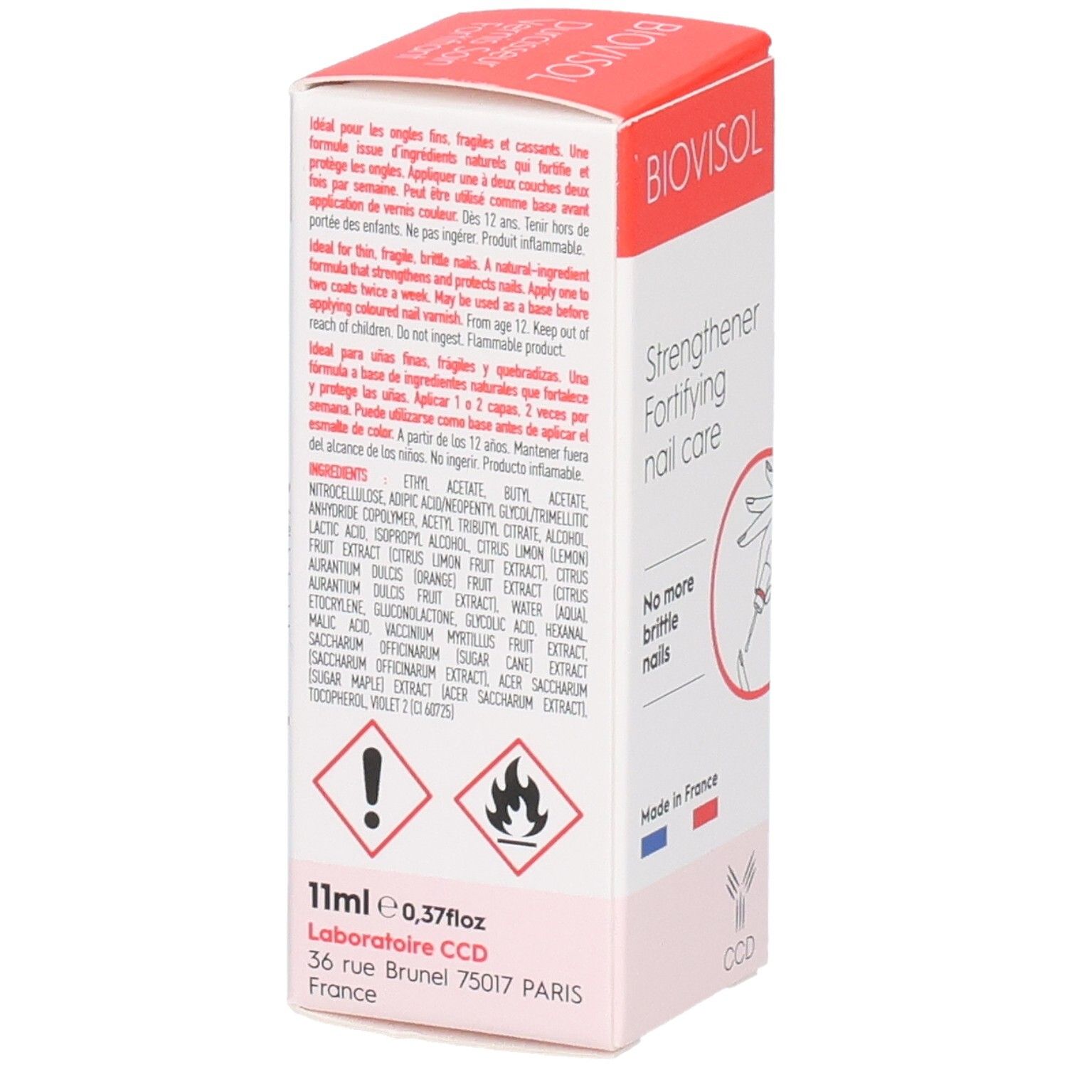 Boîte BIOVISOL. Inscription: Strengthener Fortifying nail care. Avertissements et ingrédients. Logo CCD. 11ml 0,37 fl oz.