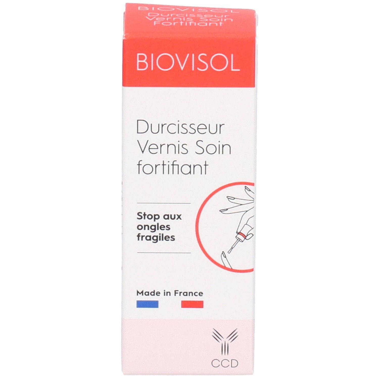 Boîte BIOVISOL. Inscription: Durcisseur Vernis Soin fortifiant. Stop aux ongles fragiles. Fabriqué en France. Logo CCD.