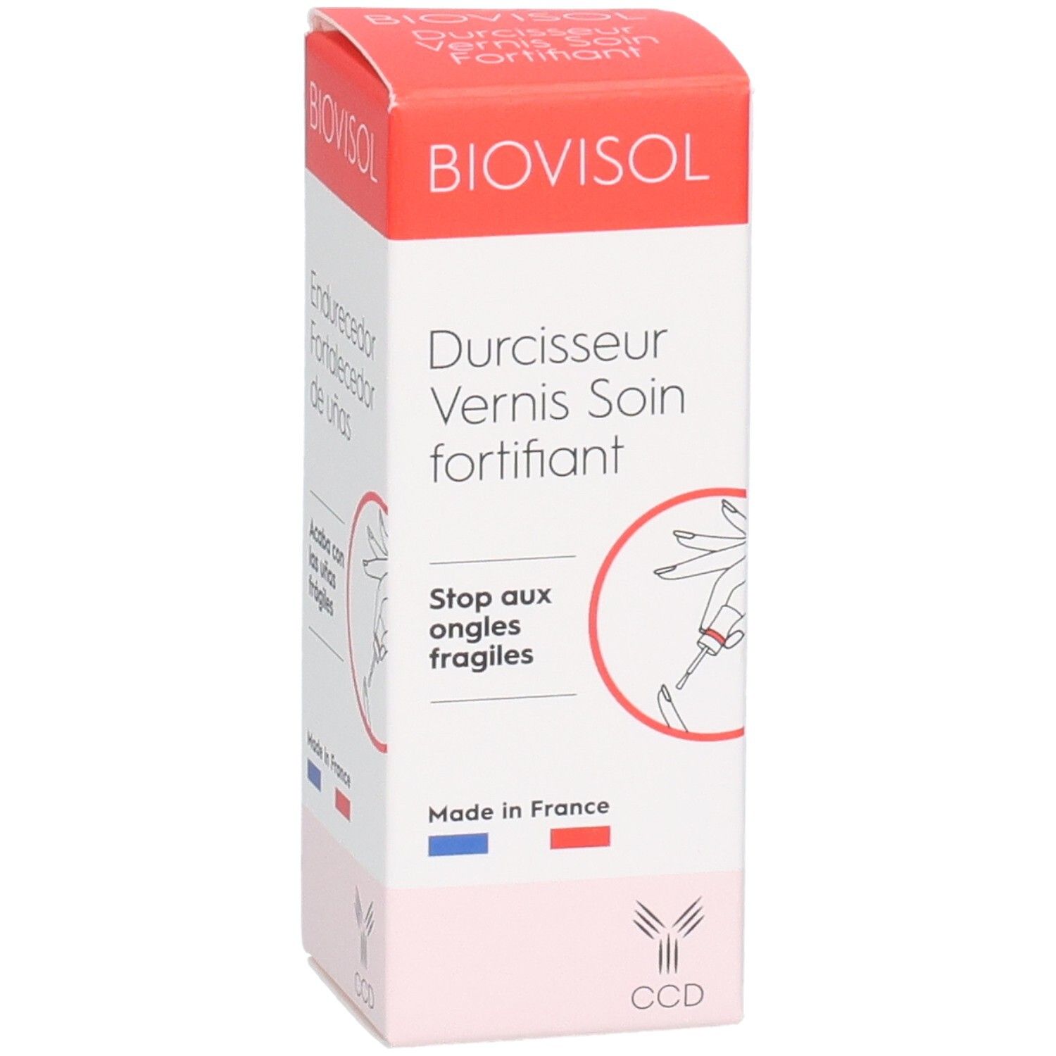 Boîte BIOVISOL. Inscription: Durcisseur Vernis Soin fortifiant. Stop aux ongles fragiles. Fabriqué en France. Logo CCD.