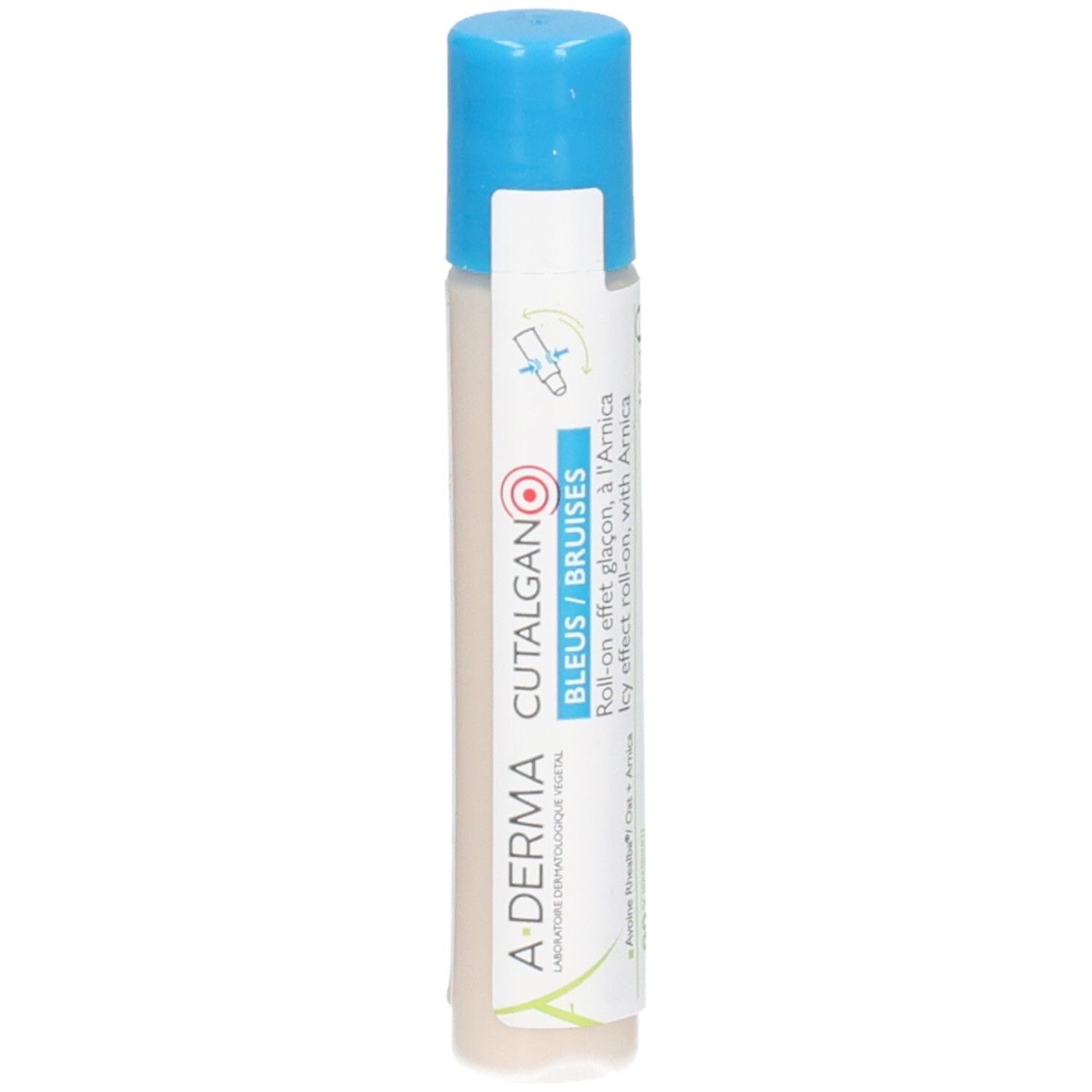 Flacon roll-on bleu et blanc. Étiquette avec "A-DERMA CUTALGAN" et "BLEUS / BRUISES". Contient de l'arnica.