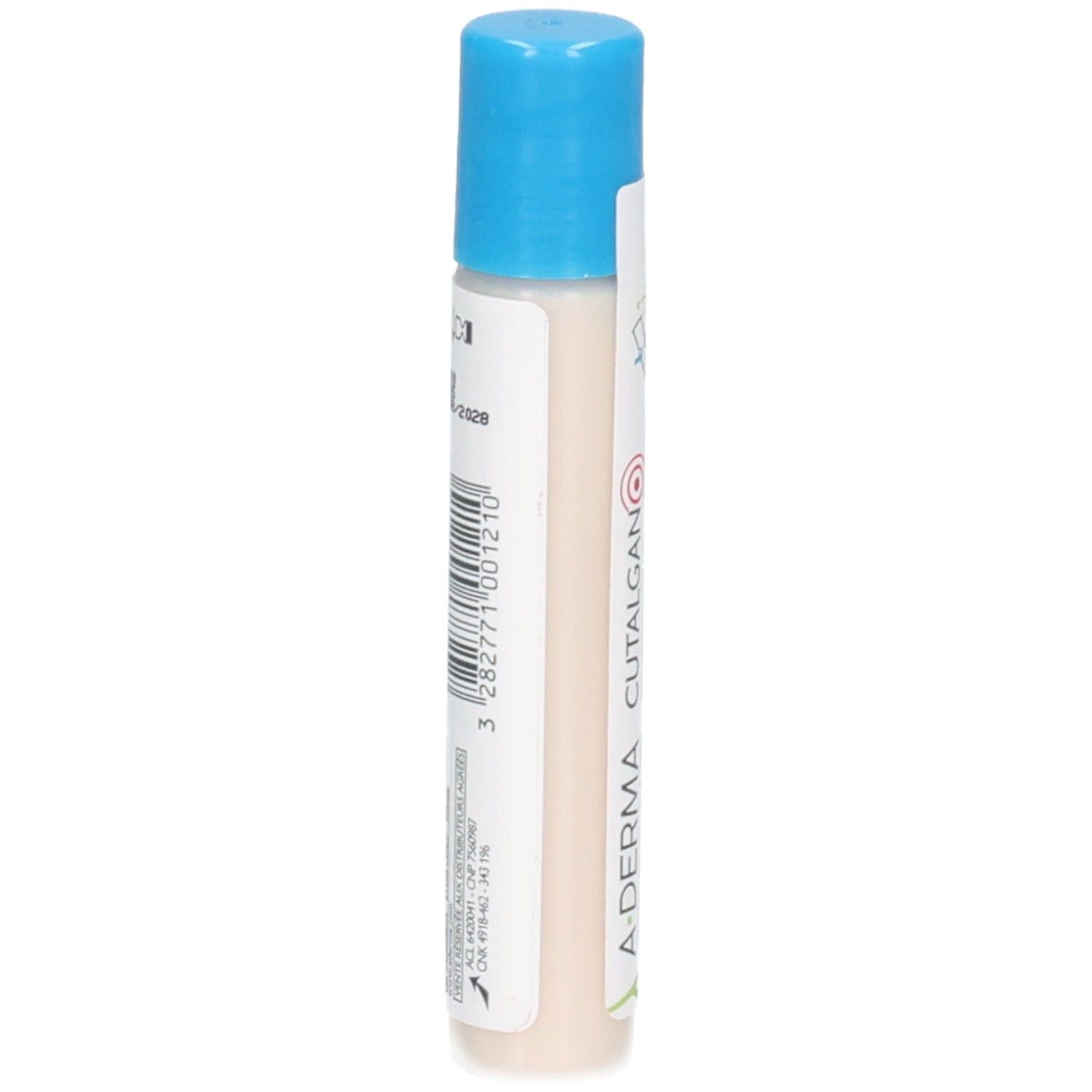 Vue latérale du flacon roll-on. Étiquette avec code-barres et informations produit. Bouchon bleu.