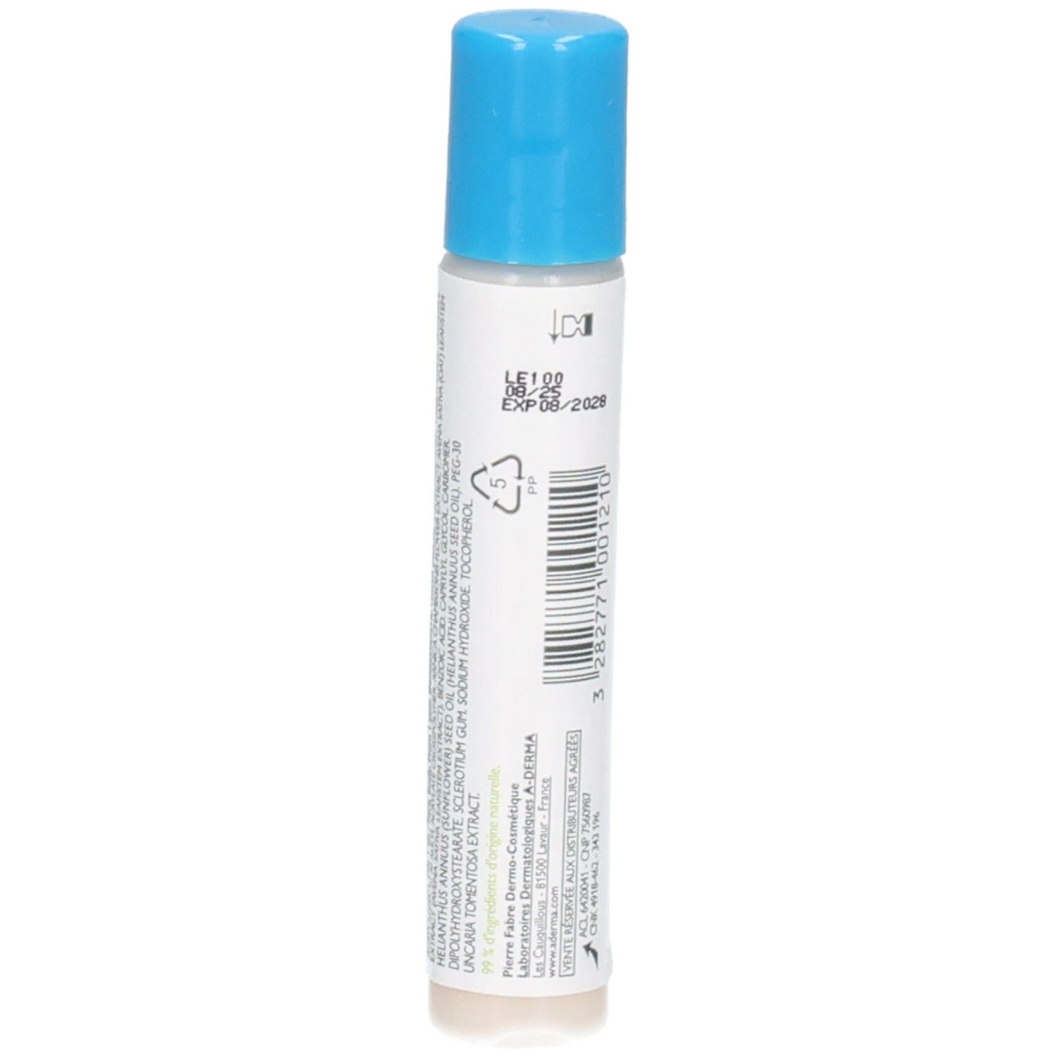 Dos du flacon roll-on. Étiquette avec informations produit et code-barres. Bouchon bleu.