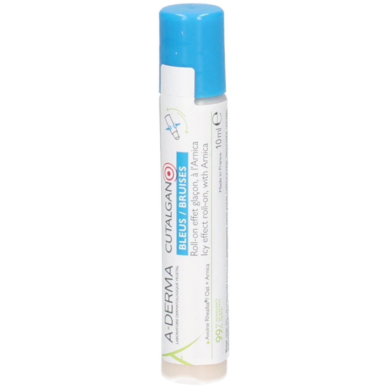 Flacon roll-on bleu et blanc. Étiquette avec "A-DERMA CUTALGAN" et "BLEUS / BRUISES". Contient de l'arnica.