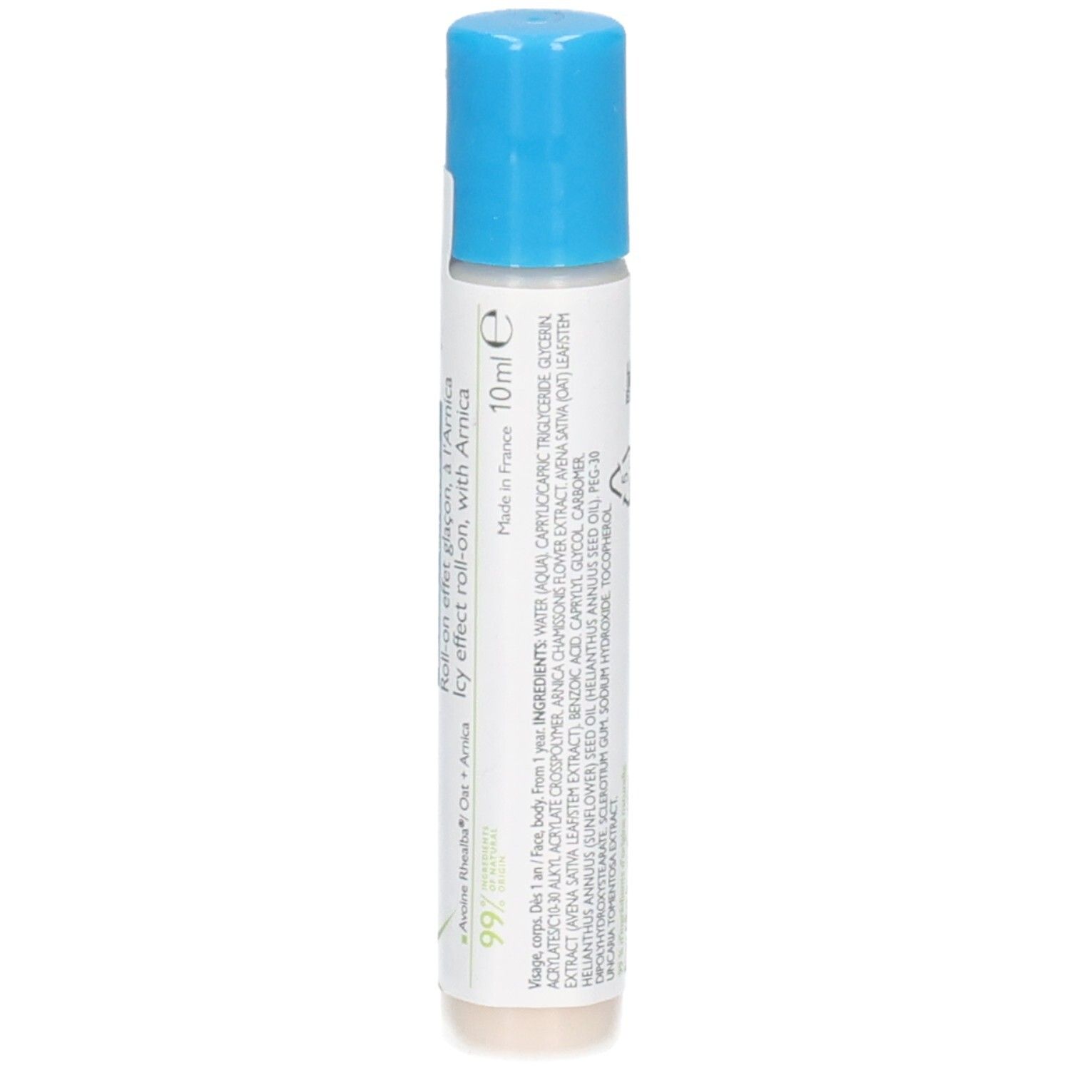 Flacon roll-on bleu et blanc. Étiquette avec ingrédients et volume. Contient de l'arnica.