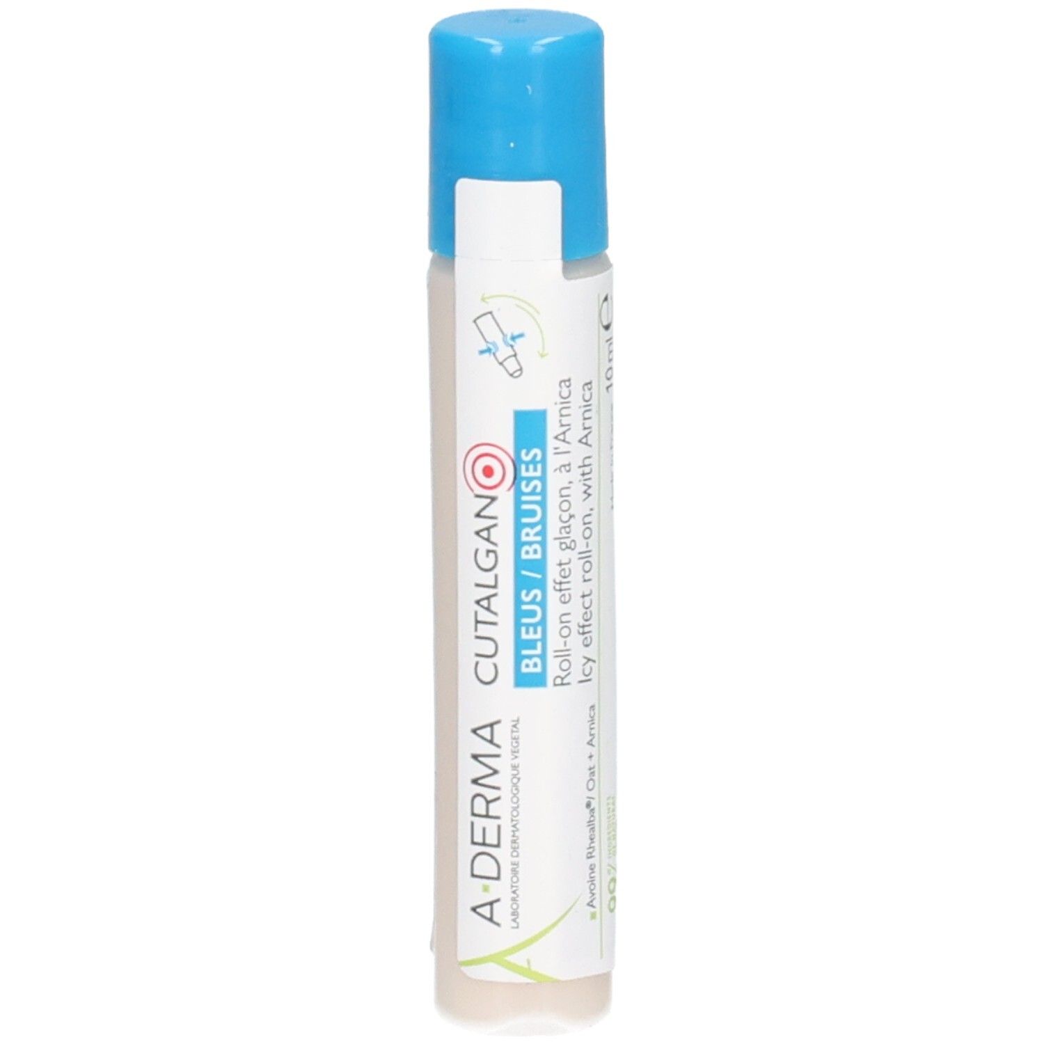 Flacon roll-on bleu et blanc. Étiquette avec "A-DERMA CUTALGAN" et "BLEUS / BRUISES". Contient de l'arnica.