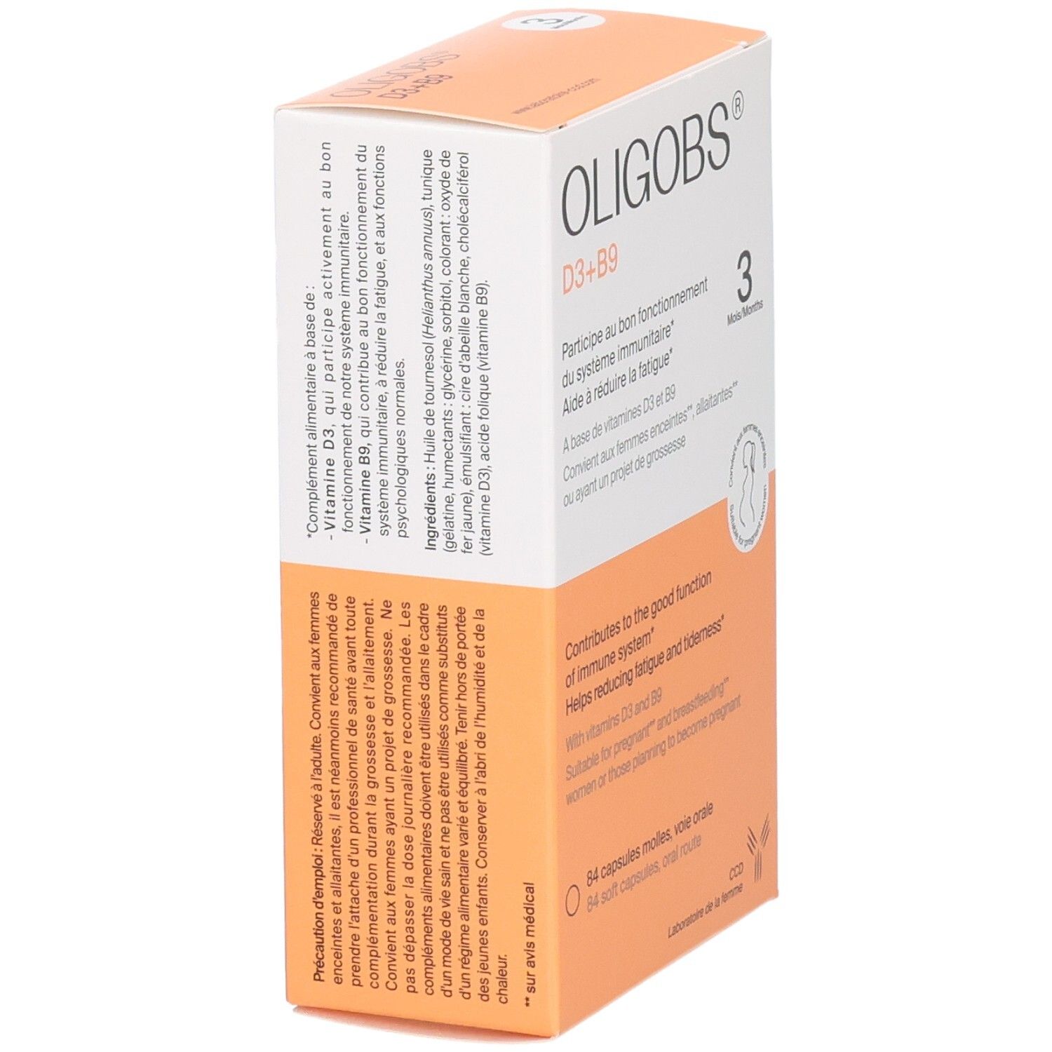 Vue latérale de la boîte OLIGOBS D3+B9, 84 capsules molles, liste des ingrédients.