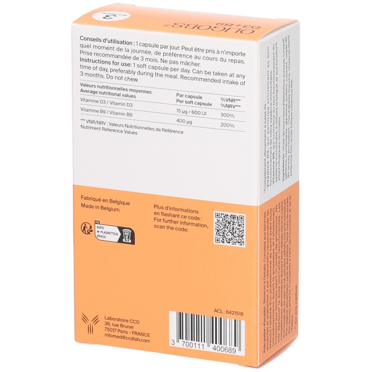 Arrière de la boîte OLIGOBS D3+B9 avec informations nutritionnelles et QR code.