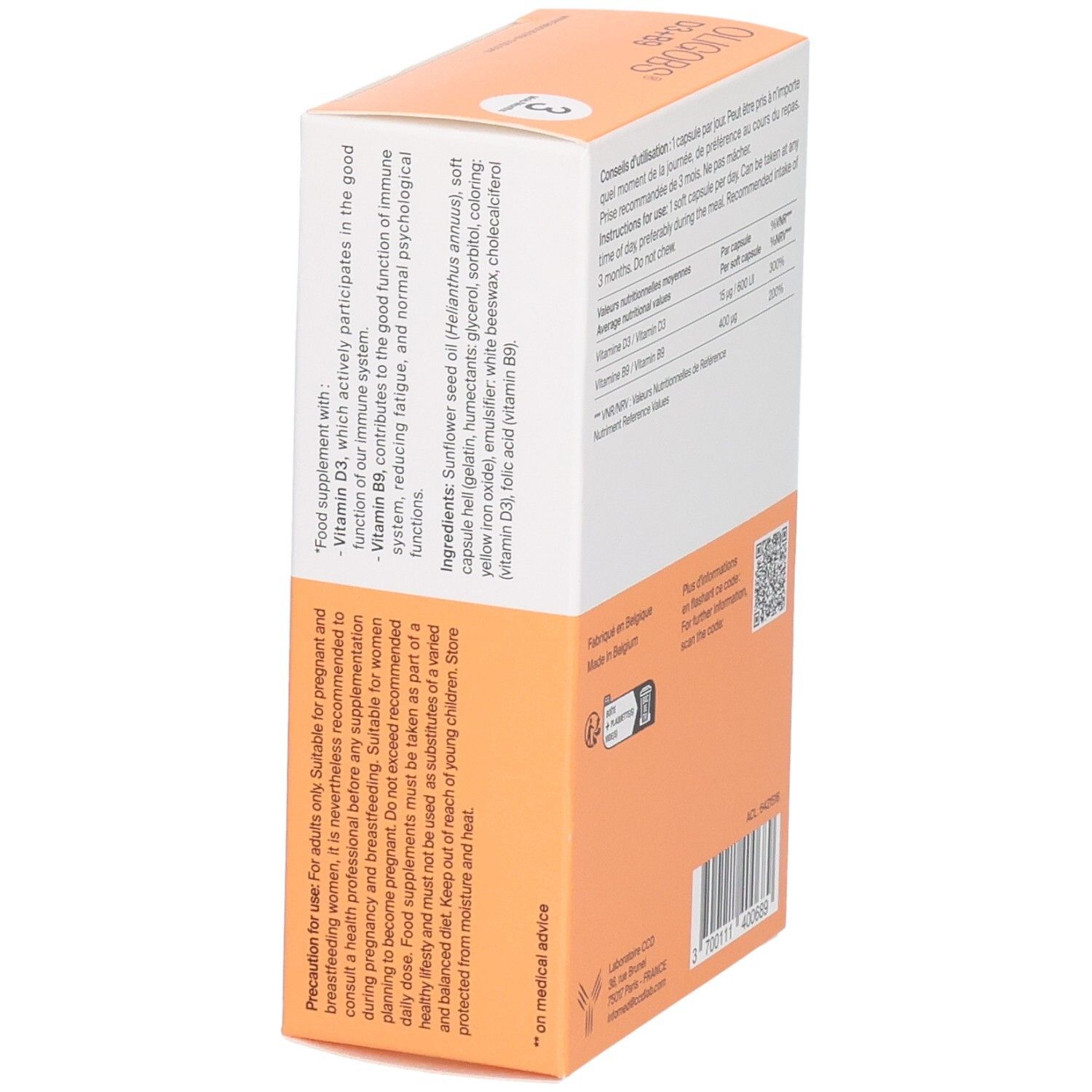 Vue latérale de la boîte OLIGOBS D3+B9 avec conseils d'utilisation et précautions.