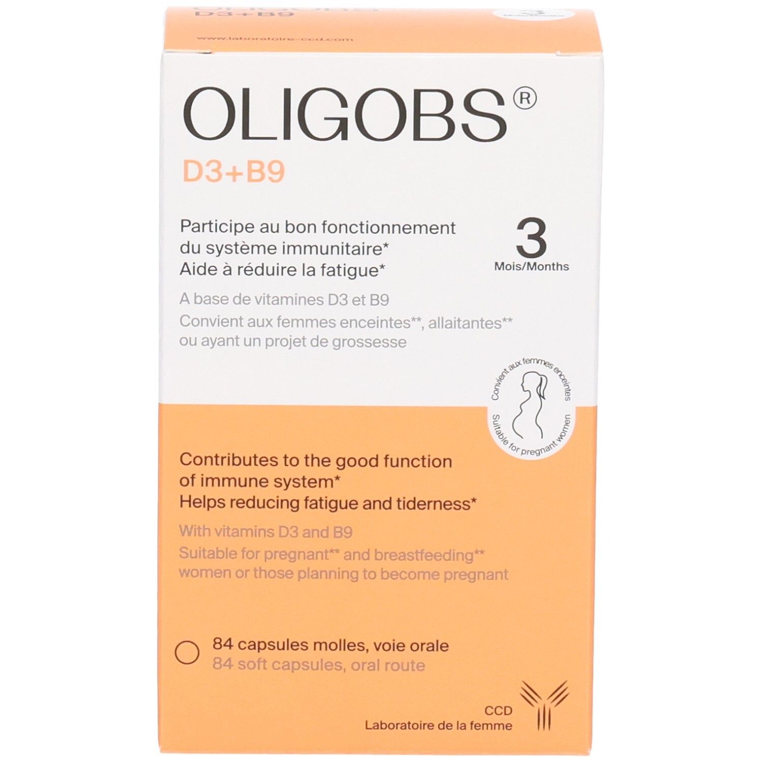 Face avant de la boîte OLIGOBS D3+B9, 84 capsules molles, pour femmes enceintes.