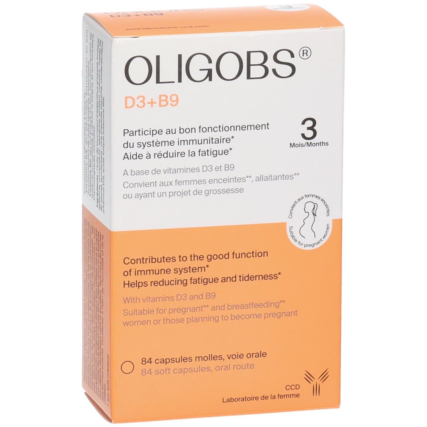 Boîte OLIGOBS D3+B9, 84 capsules molles, pour femmes enceintes et allaitantes.