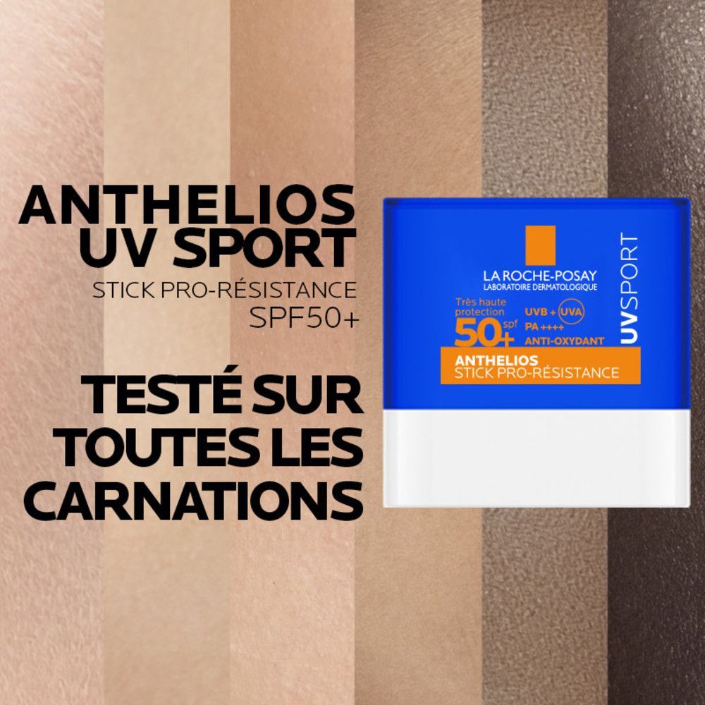 Stick bleu et blanc. Inscription orange: Anthelios, SPF 50+, UV Sport. Marque La Roche-Posay. Teintes de peau.