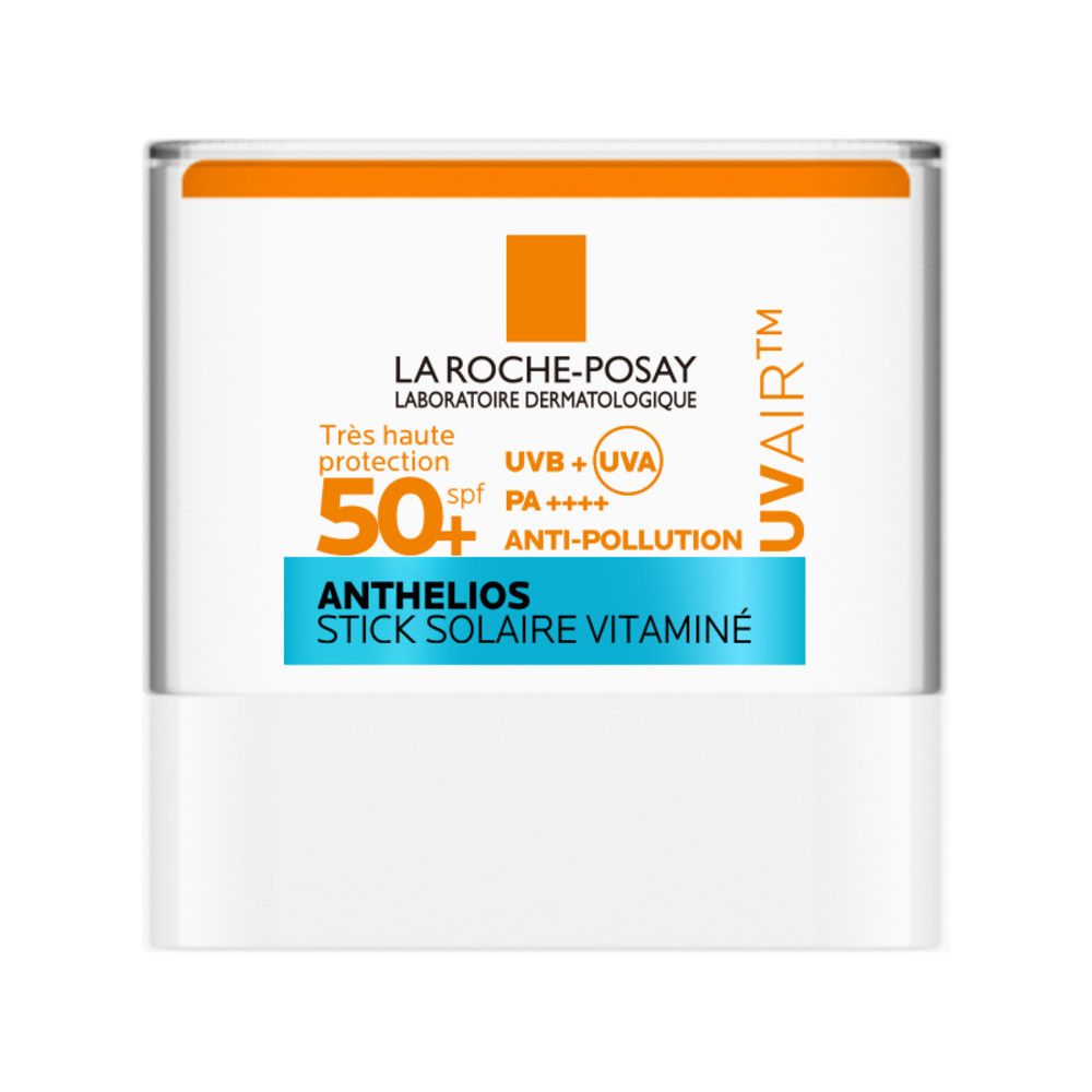 Stick blanc avec capuchon orange. Inscriptions: La Roche-Posay, Anthelios, SPF 50+, UVAIR, Vitaminé.