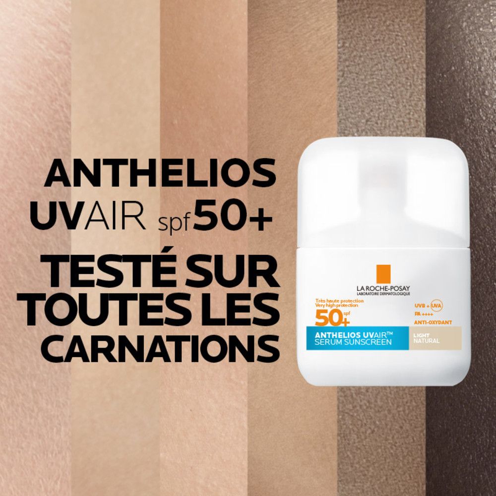 Produit et teintes. Inscription: Anthelios UVAir SPF50+. Testé sur toutes les carnations.