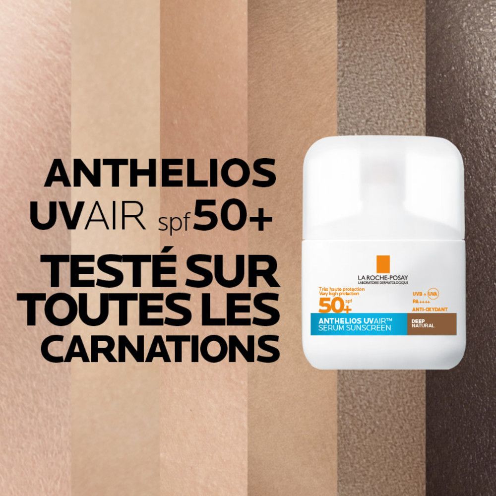 Flacon du produit à côté de nuances de couleurs. Inscription: Anthelios Uvair SPF50+. Testé sur toutes les carnations. Marque: La Roche-Posay.