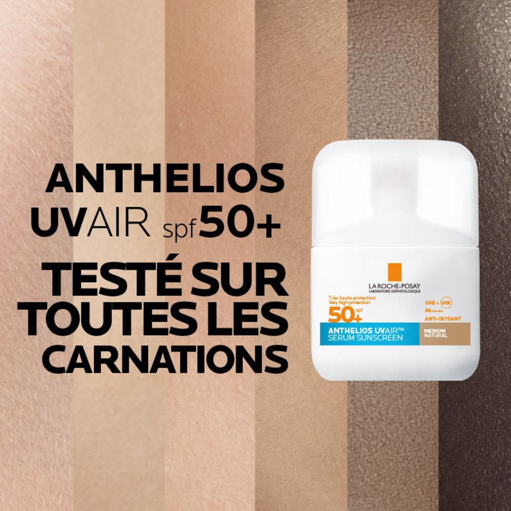 Produit à côté d'échantillons de couleurs. Inscriptions: Anthelios UVAir SPF50+ Testé Sur Toutes Les Carnations.