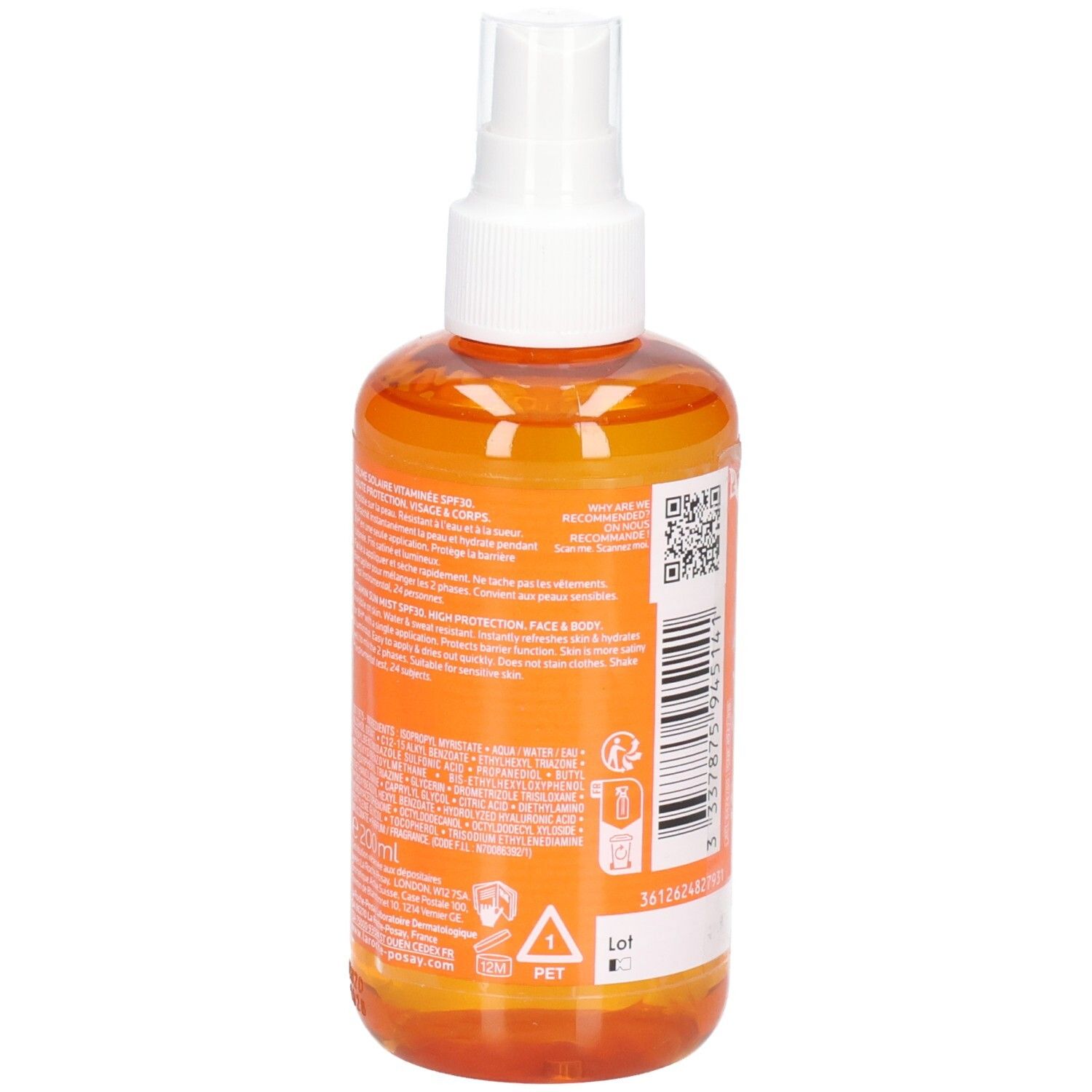 Dos du flacon spray orange. Texte et pictogrammes. Marque: LA ROCHE-POSAY. Nom du produit: ANTHELIOS UVAIR BRUME SOLAIRE VITAMINÉE SPF30.