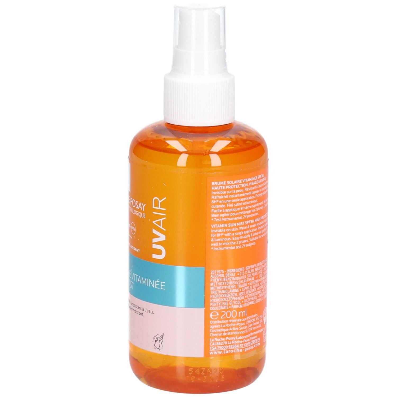 Dos du flacon spray orange. Texte et pictogrammes. Marque: LA ROCHE-POSAY. Nom du produit: ANTHELIOS UVAIR BRUME SOLAIRE VITAMINÉE SPF30.