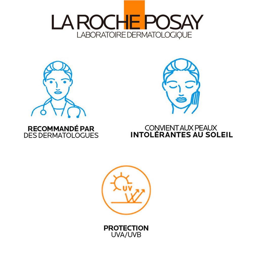 Logo La Roche Posay, symbole dermatologue, symbole protection solaire UVA/UVB.