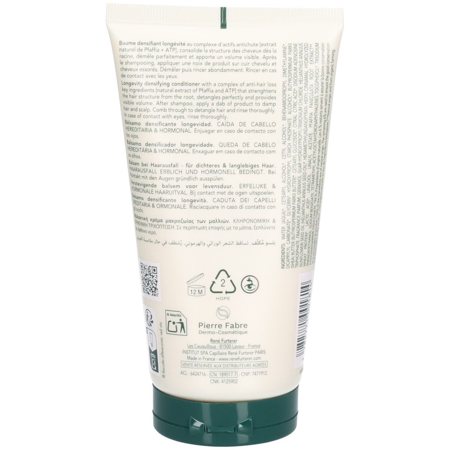 Dos du tube de crème. Texte et symboles. Fabricant : Pierre Fabre. Bouchon vert.