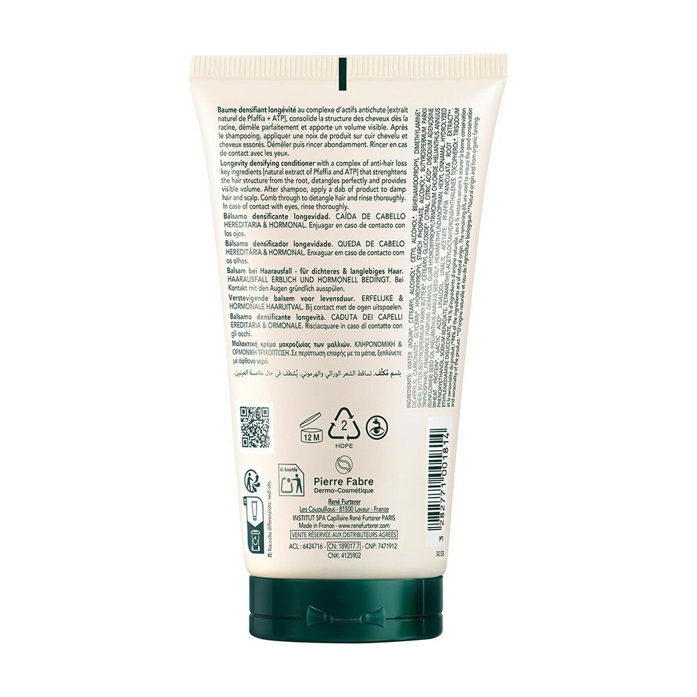Dos du tube de crème. Texte en plusieurs langues. Bouchon vert. Informations du fabricant.