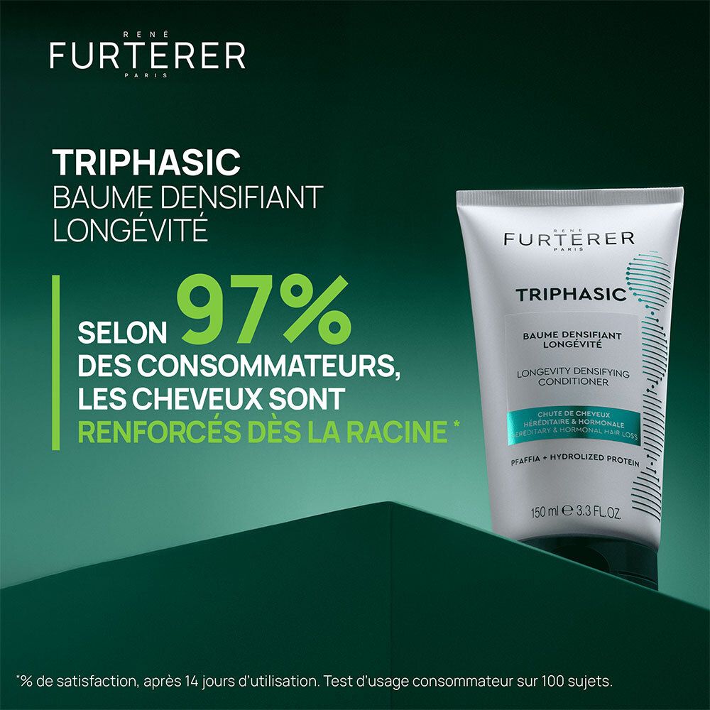 Tube de produit à côté d'une image publicitaire. Texte : 97% des consommateurs confirment des cheveux renforcés.
