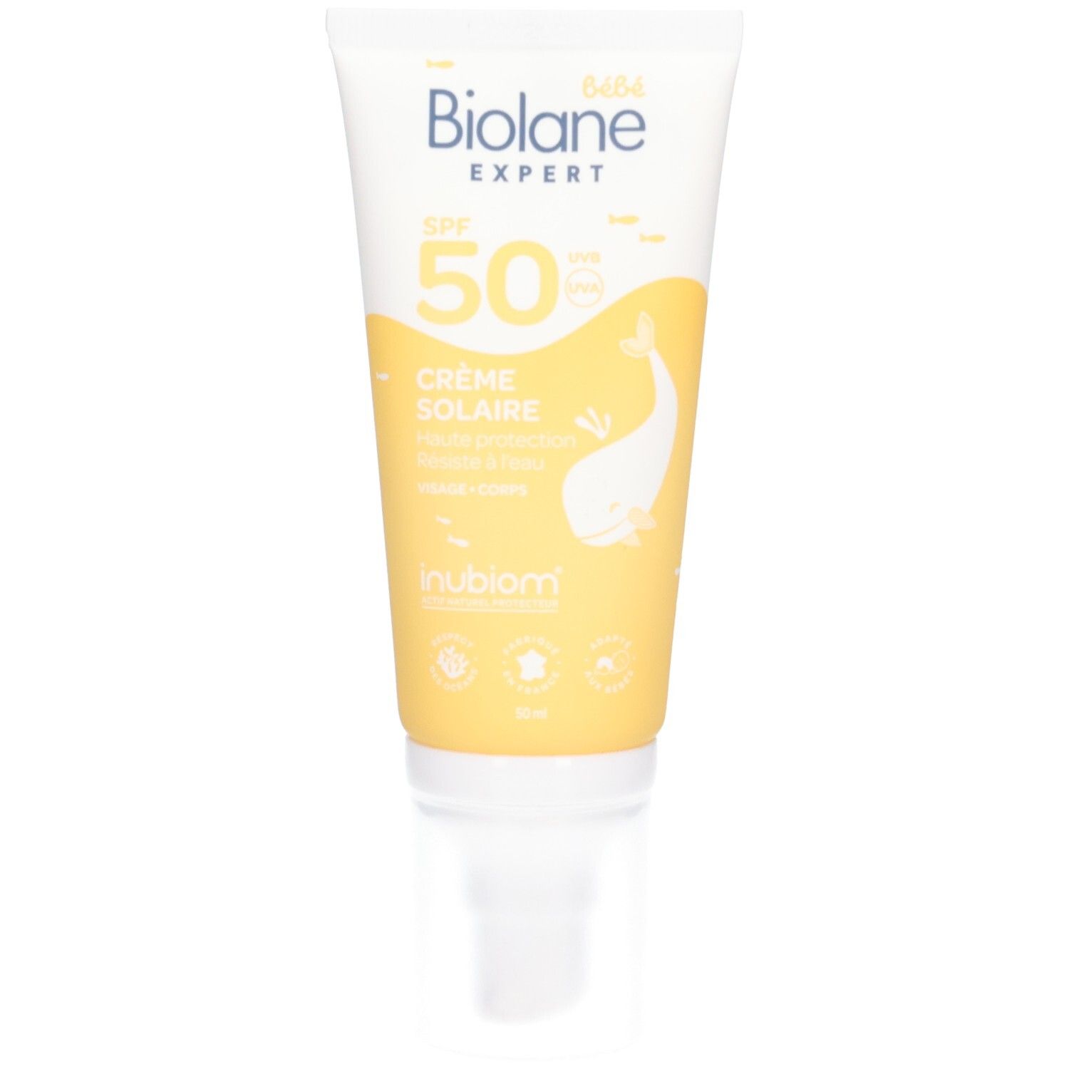 Tube de crème solaire avec fond jaune. Inscription: Biolane Expert, SPF 50, Crème Solaire. Illustration d'une baleine.