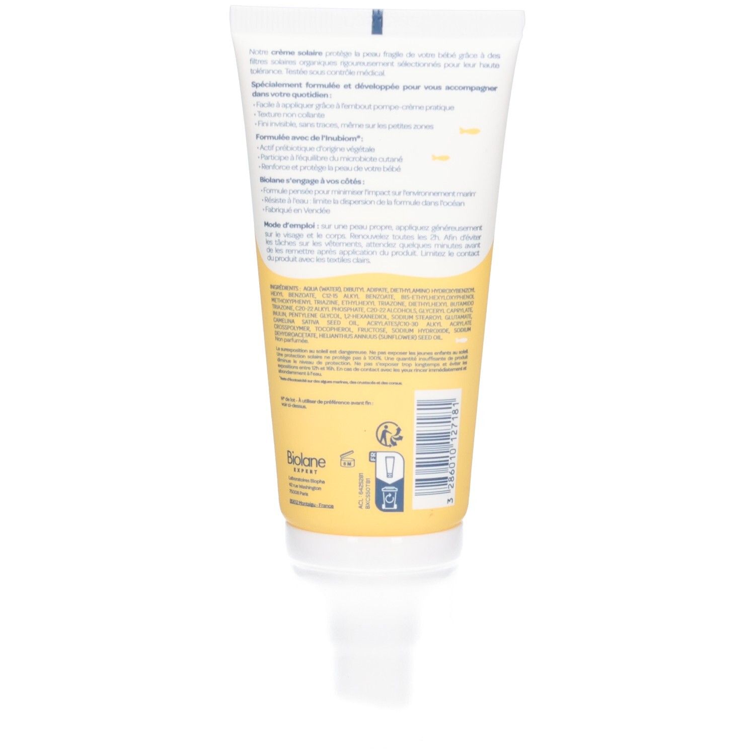 Dos du tube de crème. Texte multilingue. Fond jaune. Informations sur le produit.
