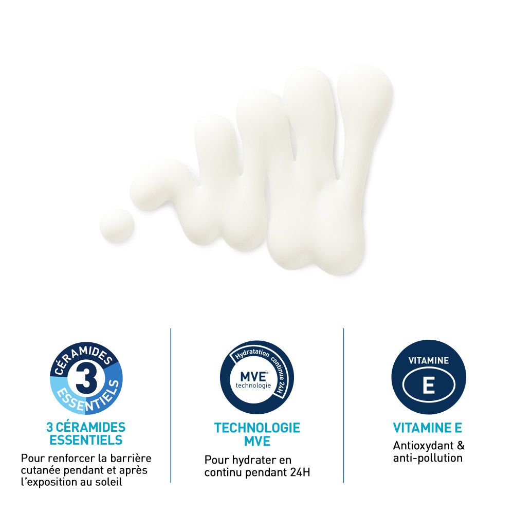 Trois éléments. Texte: 3 Céramides essentiels, Technologie MVE, Vitamine E. Texte: Pour renforcer la barrière cutanée.
