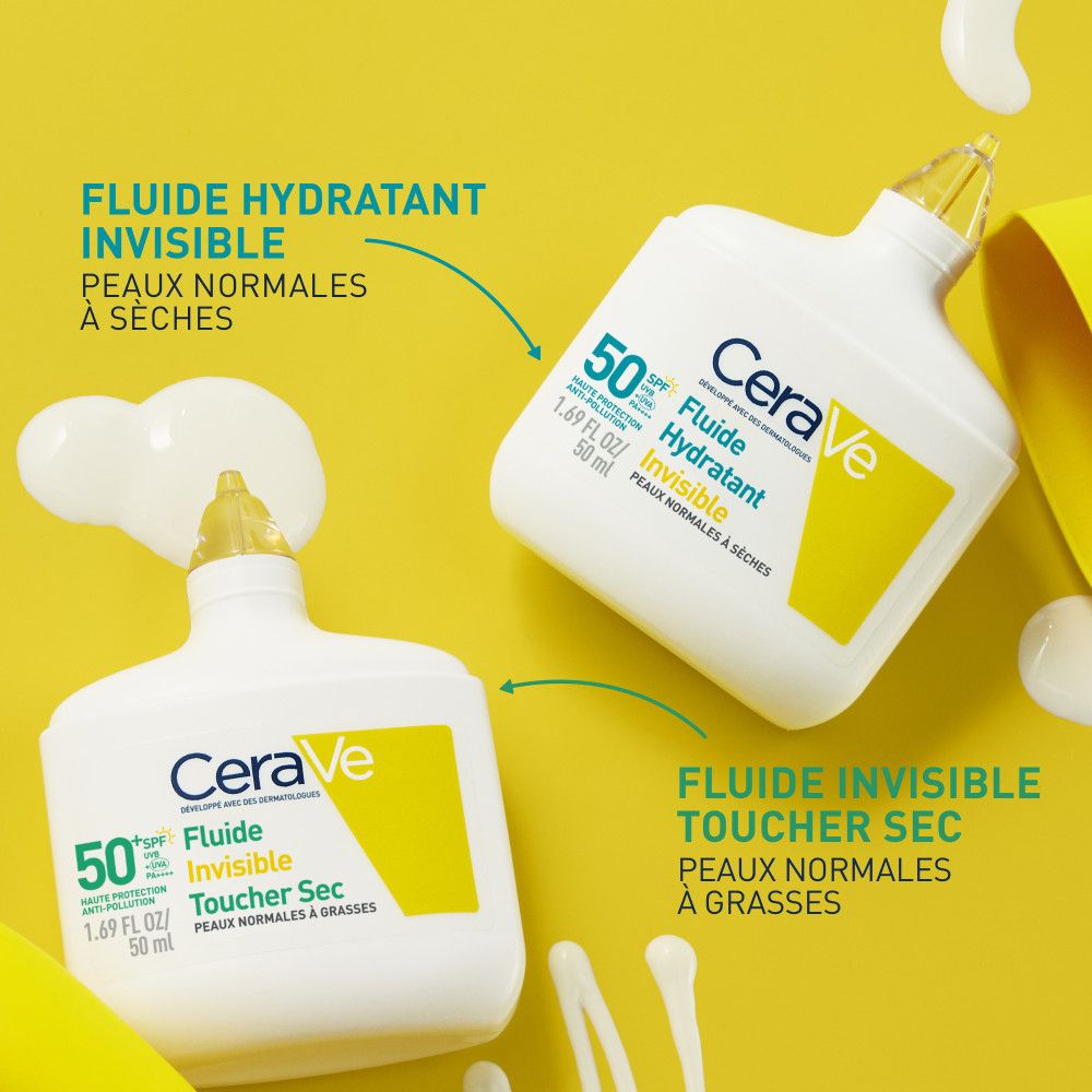 Deux flacons CeraVe. Bouchon jaune, blanc. Texte: Fluide Hydratant Invisible, 50. Fluide Invisible Toucher Sec.