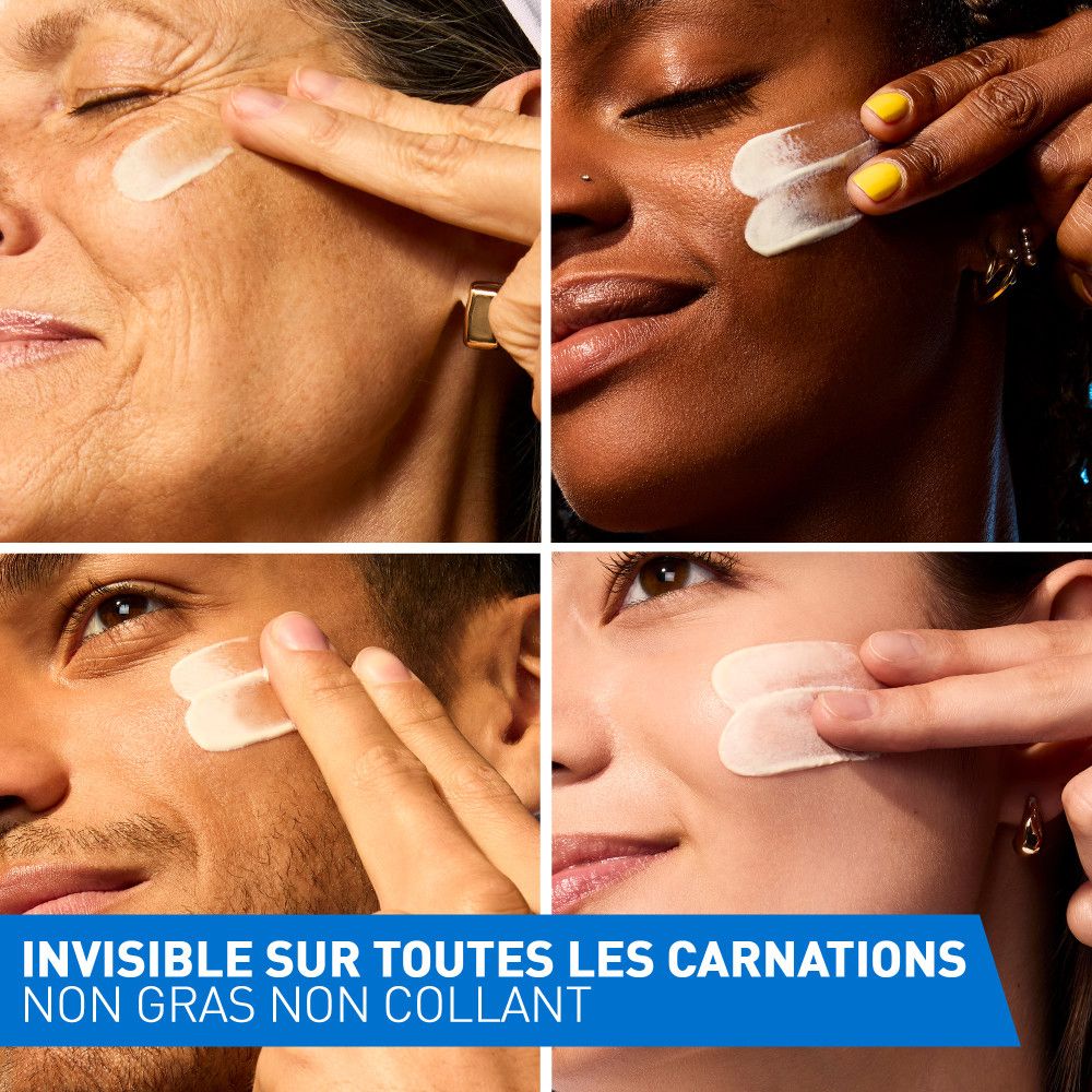 Plusieurs visages avec crème. Texte: Invisible sur toutes les carnations, non gras, non collant.