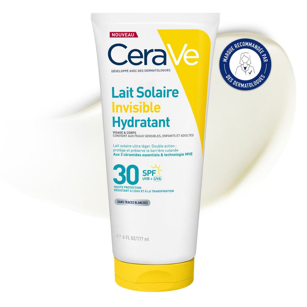 Tube blanc et jaune. Inscription CeraVe Lait Solaire Invisible Hydratant SPF30. Logo dermatologues.