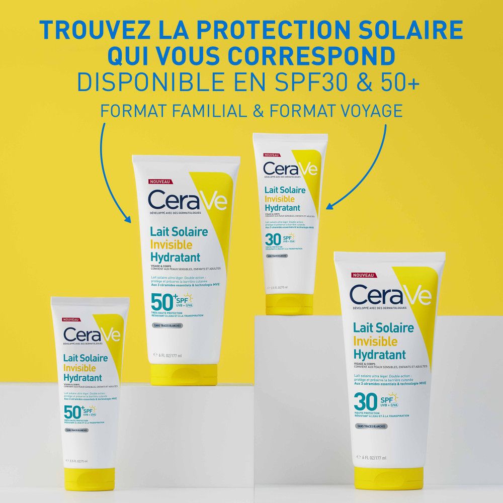 Plusieurs formats de CeraVe Lait Solaire Invisible Hydratant. SPF30 et SPF50+. Format familial et voyage.