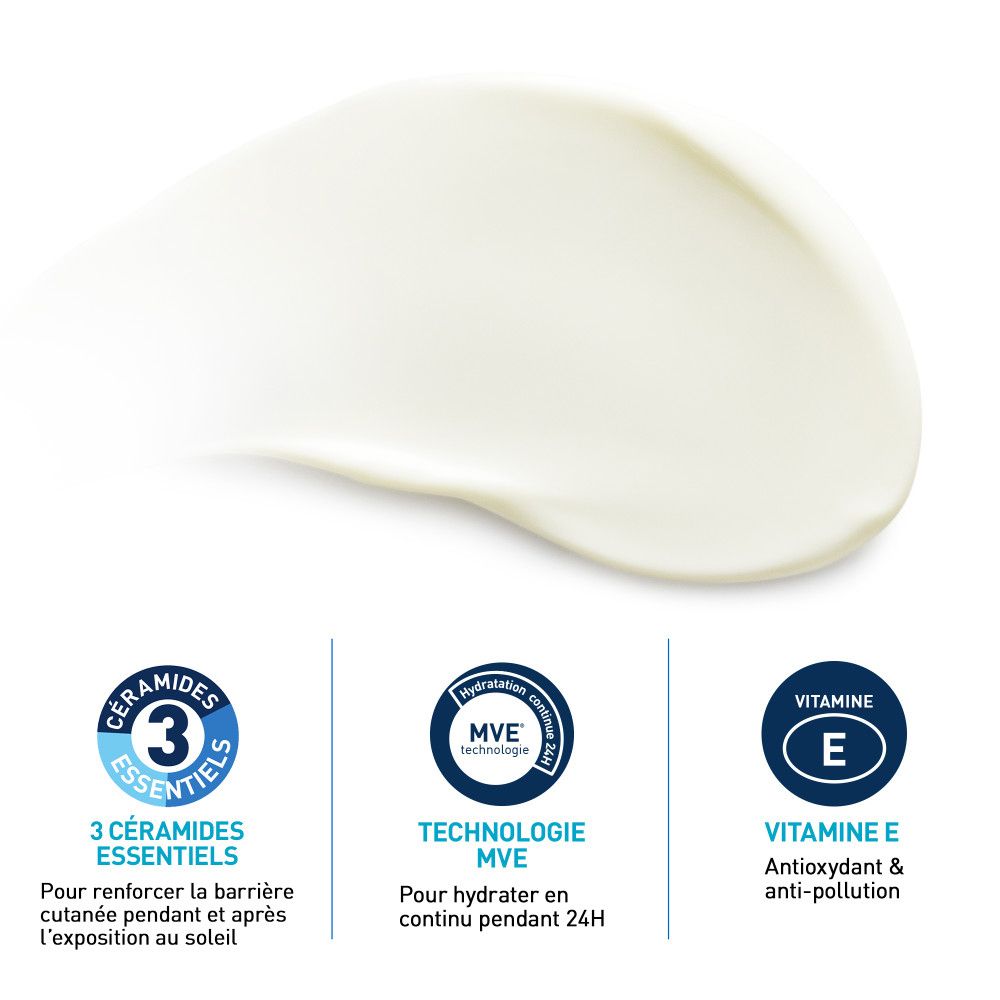 Gros plan de la crème. 3 céramides essentiels, technologie MVE, vitamine E. Pour peau exposée au soleil.