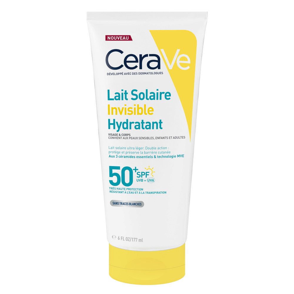Tube blanc et jaune. Inscription: CeraVe Lait Solaire Invisible Hydratant SPF50+ Visage et Corps.