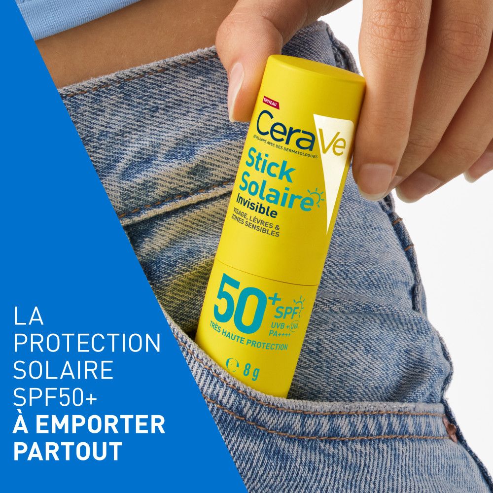 Stick jaune CeraVe dans une poche de jean. Texte: Protection solaire SPF50+ à emporter partout.