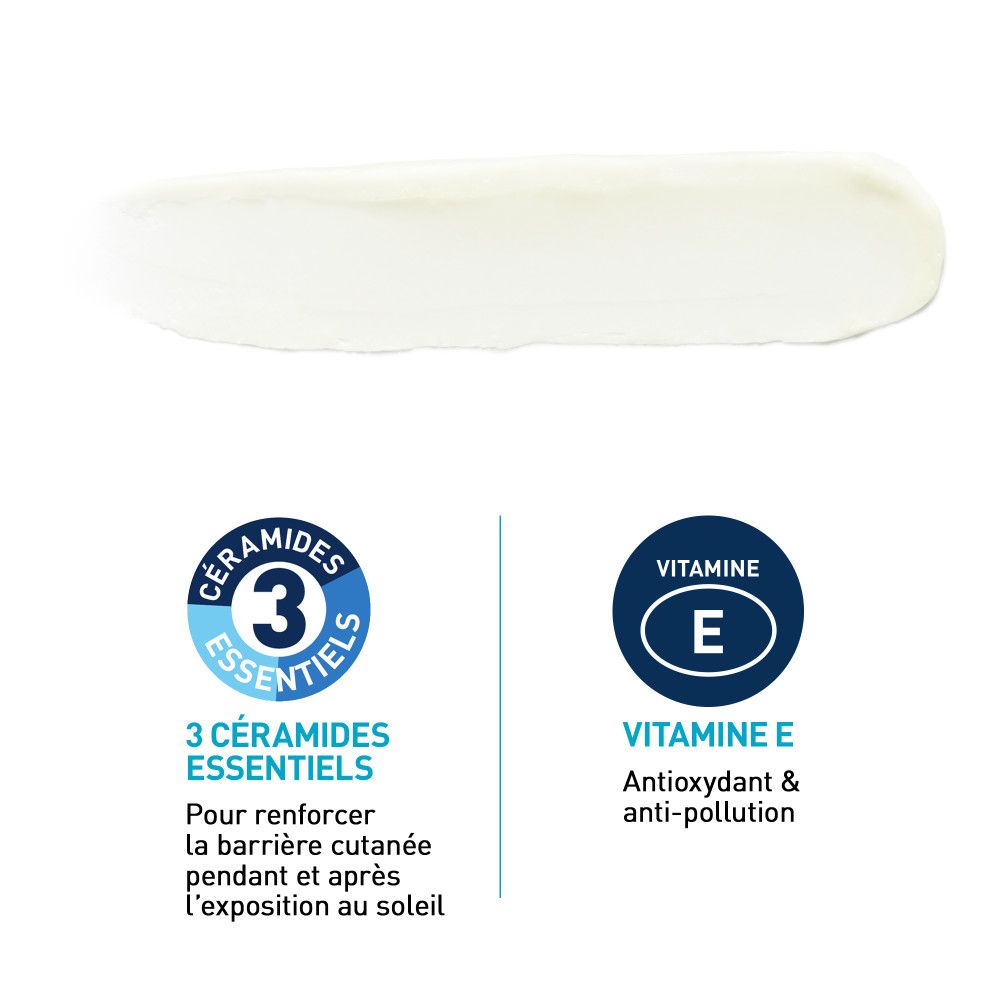 Trace de crème solaire blanche. Texte: 3 céramides essentiels, vitamine E. Pour la protection de la peau.
