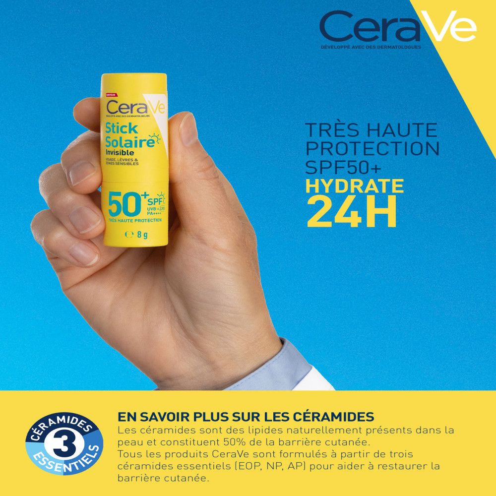 Personne tenant un stick jaune CeraVe. Texte: Très haute protection SPF50+ et hydratation 24h. 3 céramides essentiels.