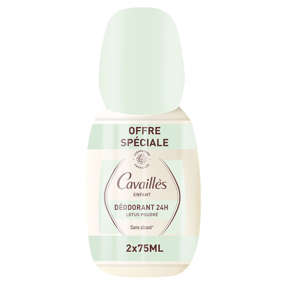 Deux déodorants roll-on, capuchons vert clair, flacons crème. Inscription: Offre Spéciale, Cavaillès, Enfant, Déodorant 24H, Lotus Poudré, 2x75ml.