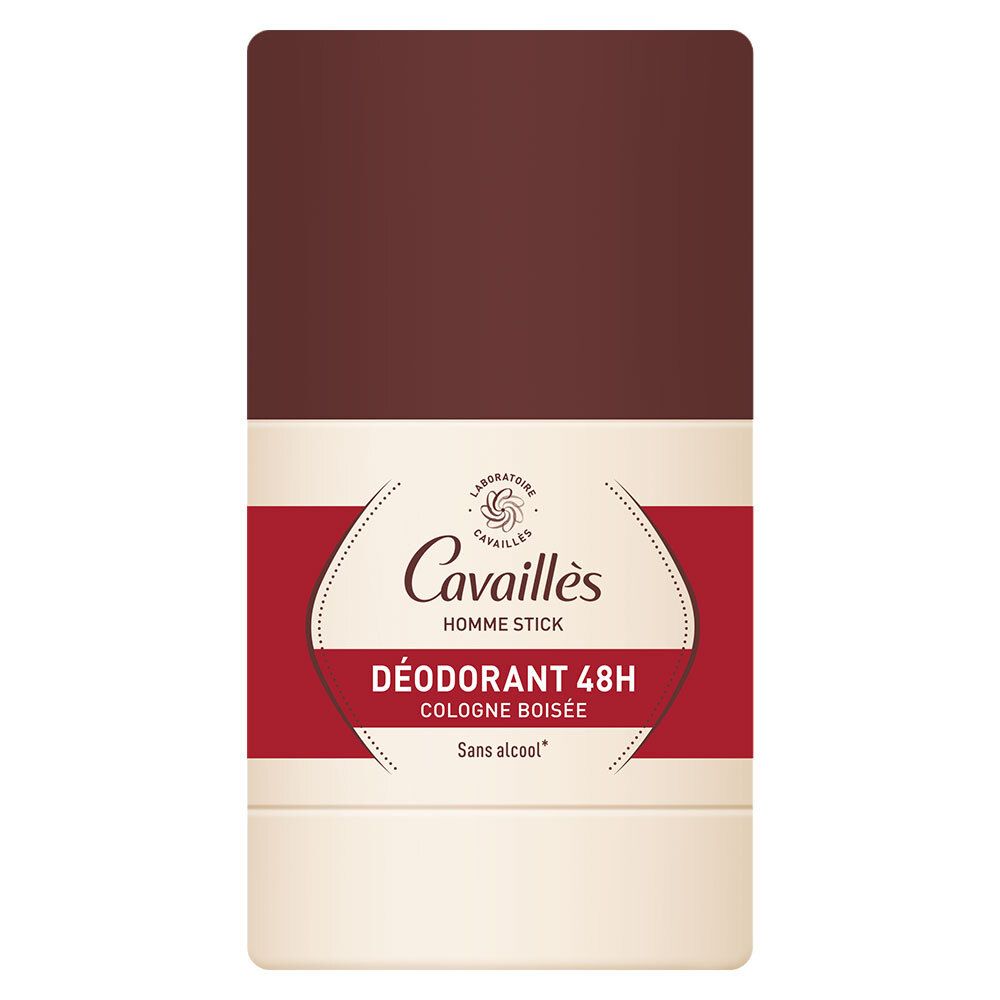 Stick déodorant avec couvercle marron. Inscription: Cavaillès, Homme Stick, Déodorant 48H, Cologne Boisée, Sans alcool.