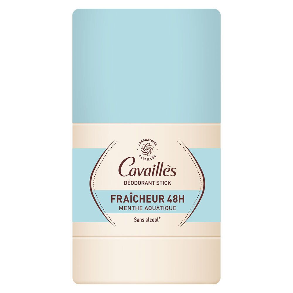 Stick déodorant Cavaillès, Fraîcheur 48H Menthe aquatique, sans alcool. Emballage blanc et bleu clair.