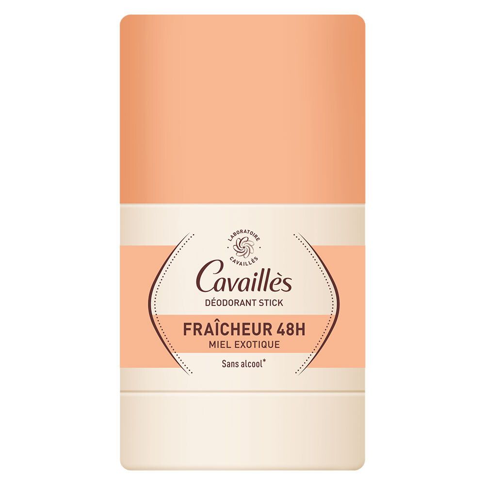 Stick déodorant avec bouchon. Marque Cavaillès. Inscription: Fraîcheur 48H, Miel exotique, Sans alcool.