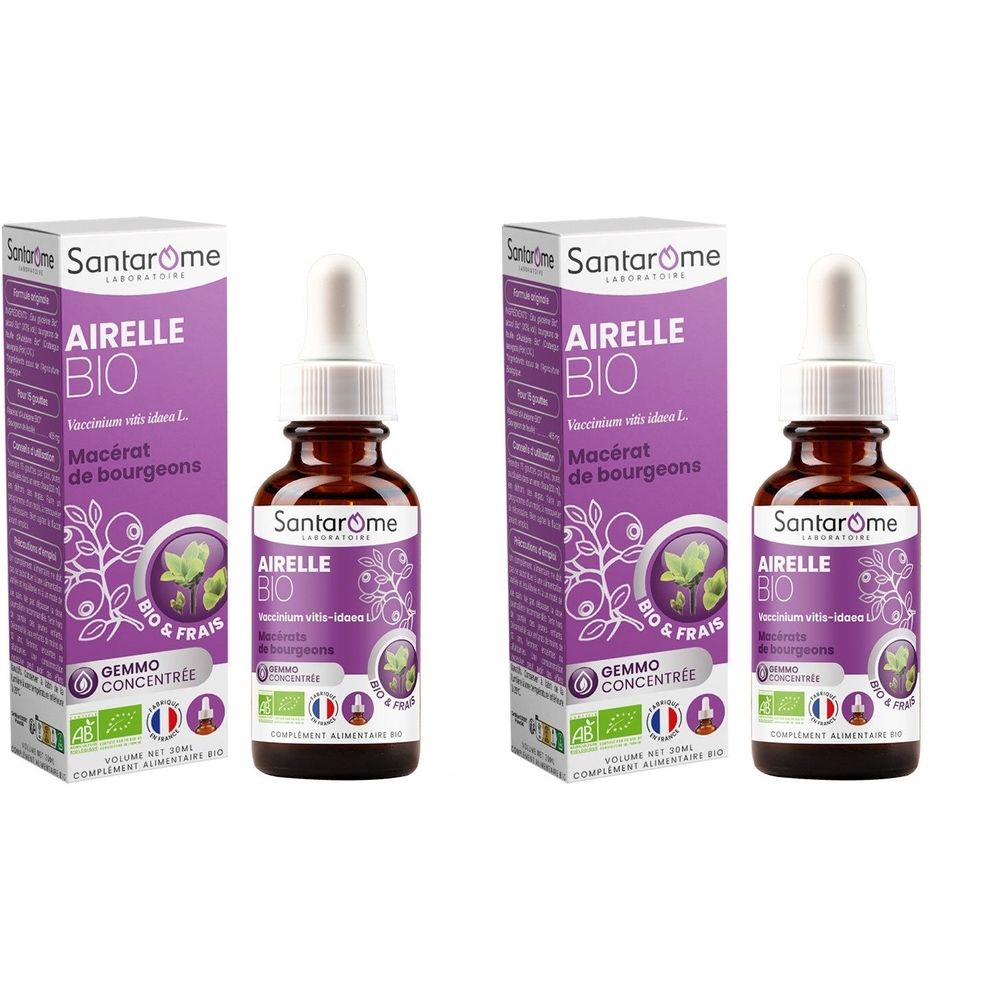 Deux flacons et boîtes. Inscription : Santarome Airelle Bio. Flacon compte-gouttes. Emballage violet et blanc.