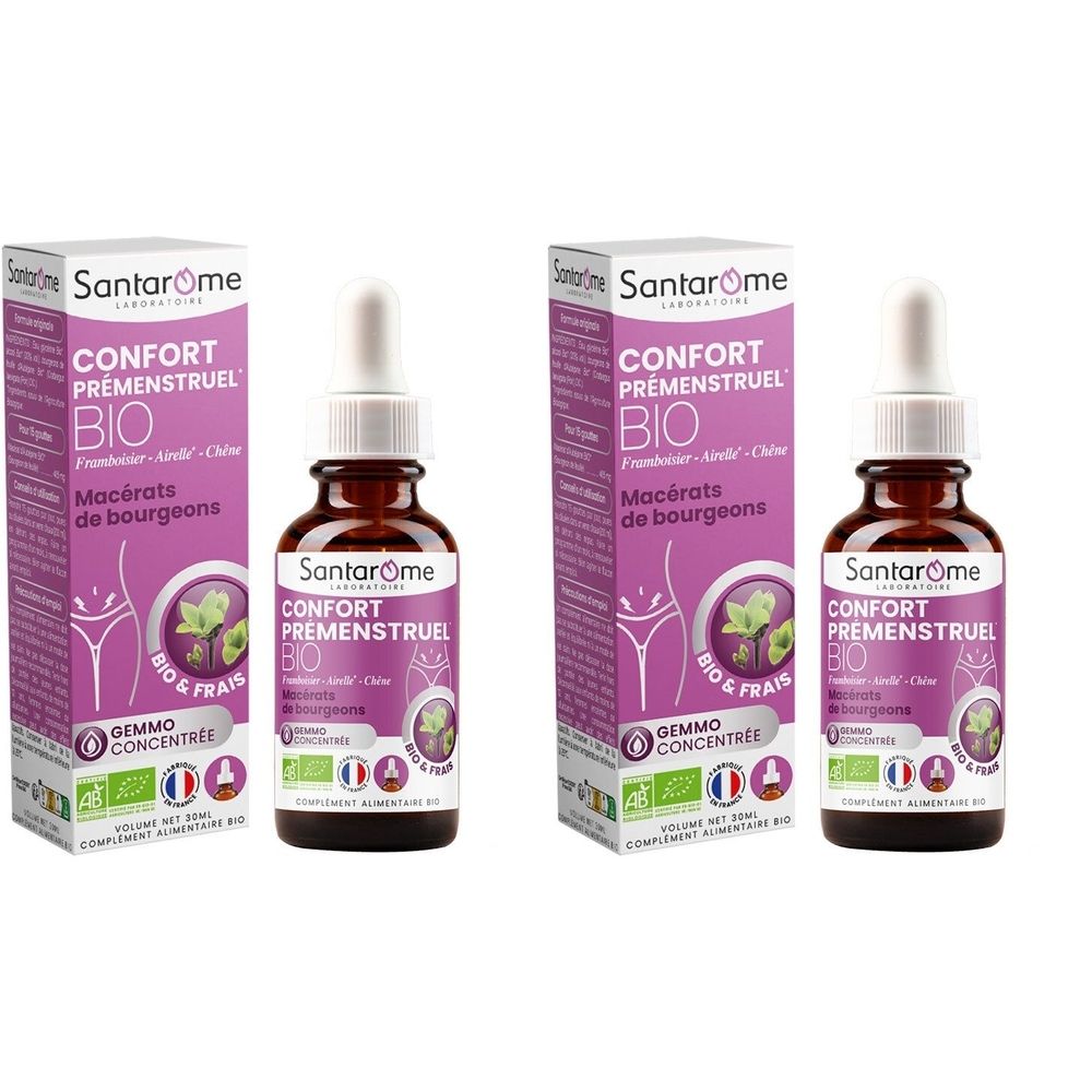 Flacon en verre brun avec pipette et emballage violet. Inscription : Confort Prémenstruel Bio. Certification bio.