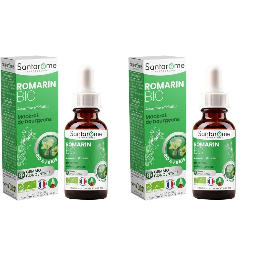 Deux flacons et emballages. Flacons en verre brun avec pipette. Emballage vert avec nom et logo du produit.