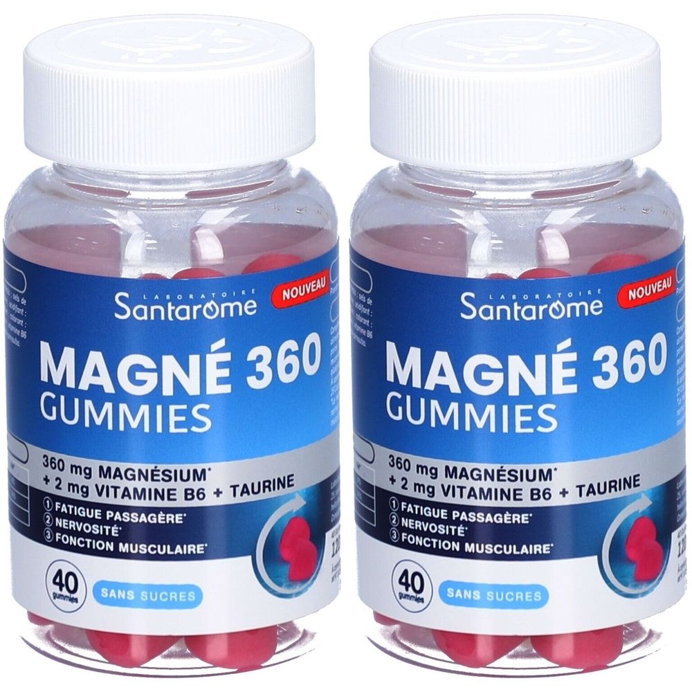 Deux flacons de Santarome Magné 360 Gummies. Étiquettes bleues avec texte blanc. Contient 360 mg magnésium, vitamine B6 et taurine. 40 unités, sans sucres.