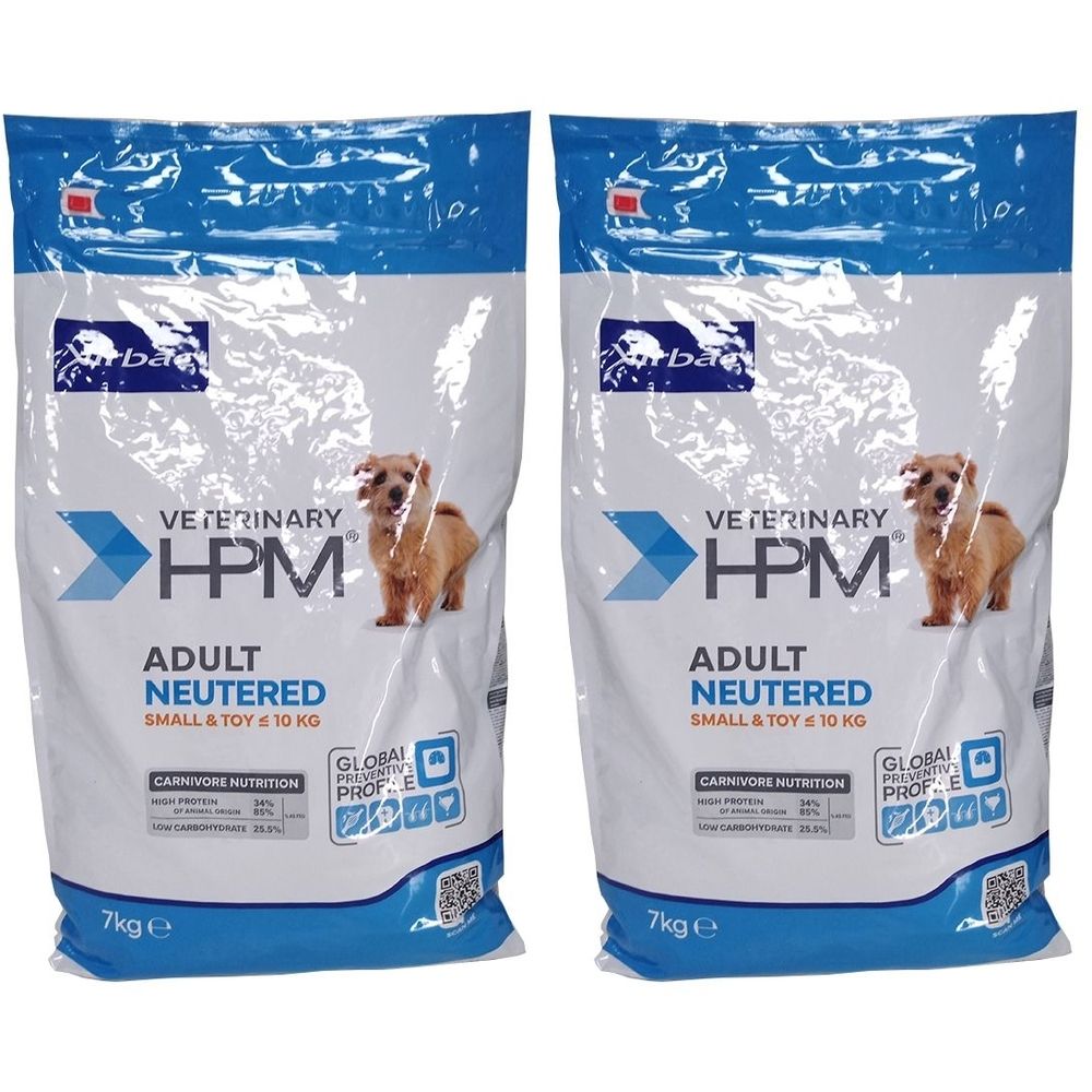 Deux sacs de nourriture pour chiens Virbac HPM Adult Neutered. Inscription: Veterinary HPM, Adult Neutered, Small & Toy. 7kg.