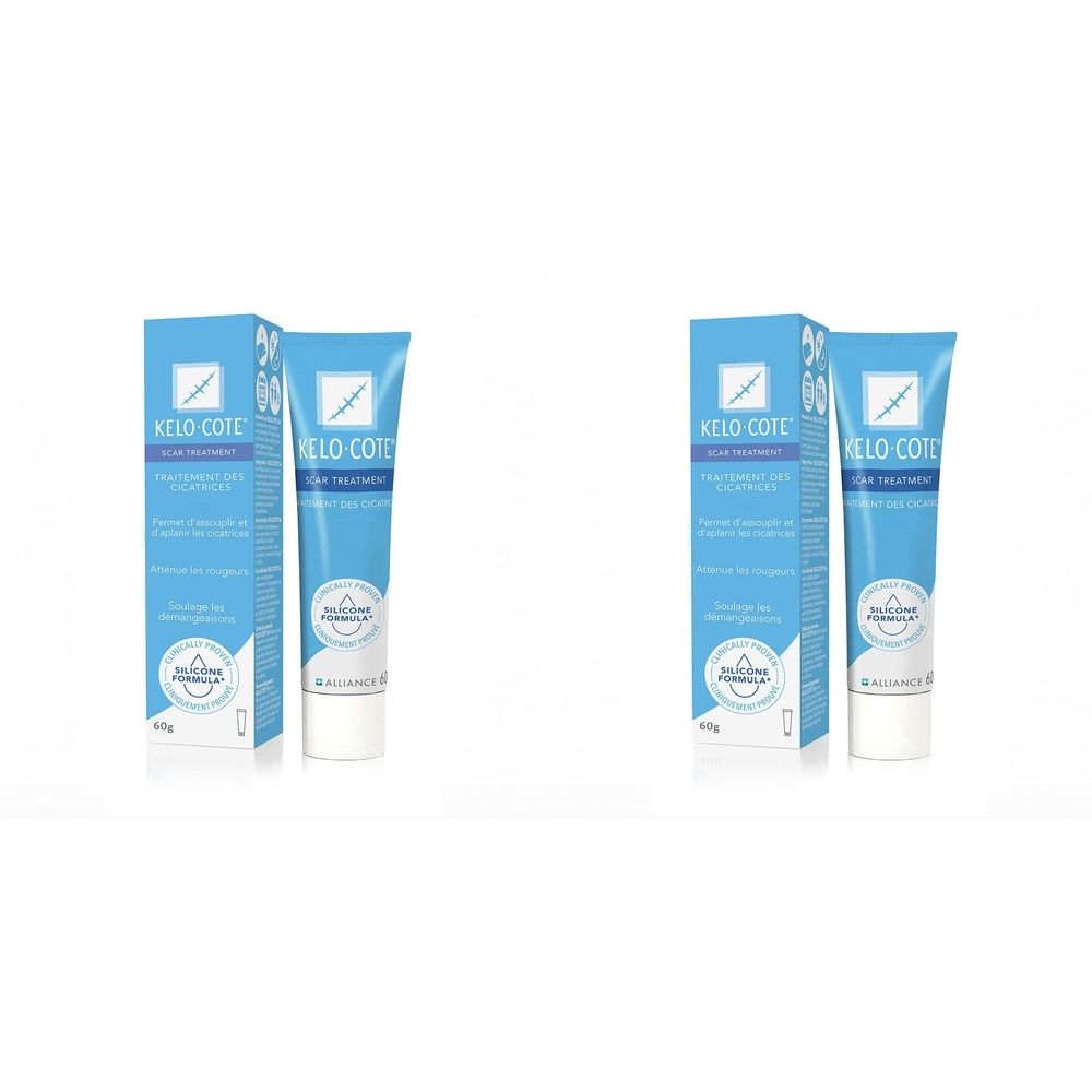 Deux tubes et boîtes. Inscription: KELO-COTE, traitement des cicatrices. Emballage bleu avec texte blanc.
