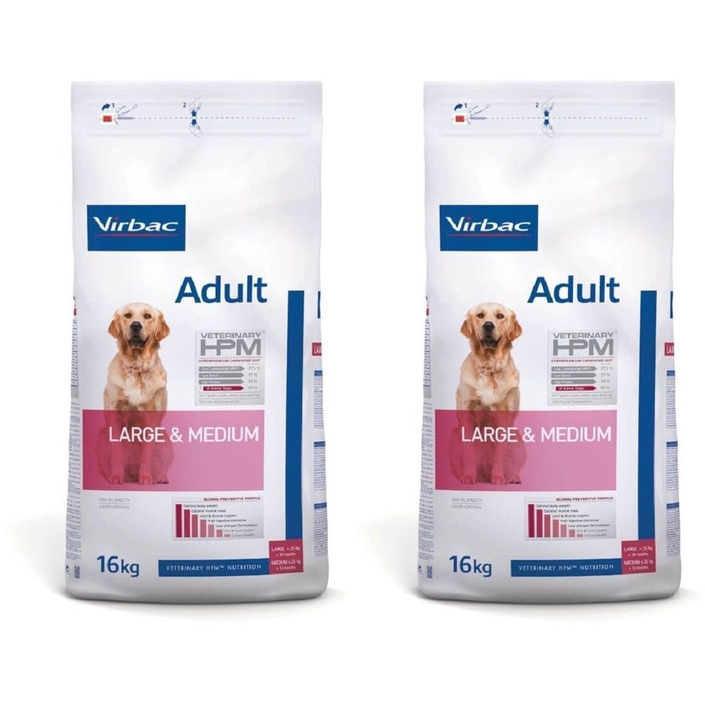 Deux sacs de nourriture pour chiens. Inscription : Virbac, Adult, HPM, Large & Medium. Image d'un chien. 16 kg.